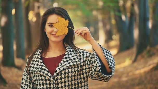 Lento. Feliz chica caucásica sonriente está imitando hoja amarilla para ser su ojo, aislado, sobre fondo borroso parque. De cerca. Copiar espacio. — Vídeos de Stock