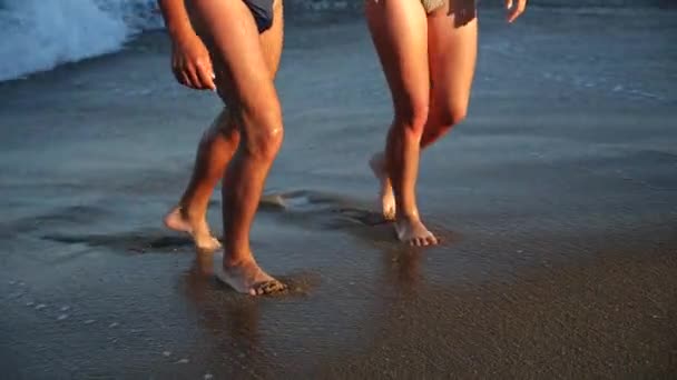 Couple Walking Seashore Barefoot Holding Hands — Stock Video