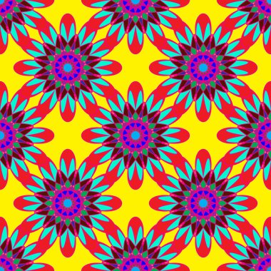 Fraktal çiçek Sarı zemin üzerine kırmızı mavi ve mor renklerde geometrik seamless modeli