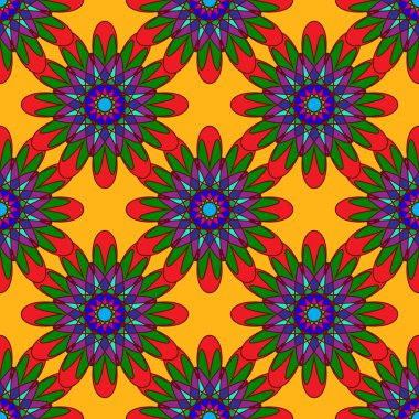 Fraktal çiçek turuncu zemin üzerine mavi ve kırmızı renklerde geometrik seamless modeli