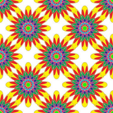 Fraktal çiçek beyaz zemin üzerine sarı kırmızı ve yeşil renklerde geometrik seamless modeli