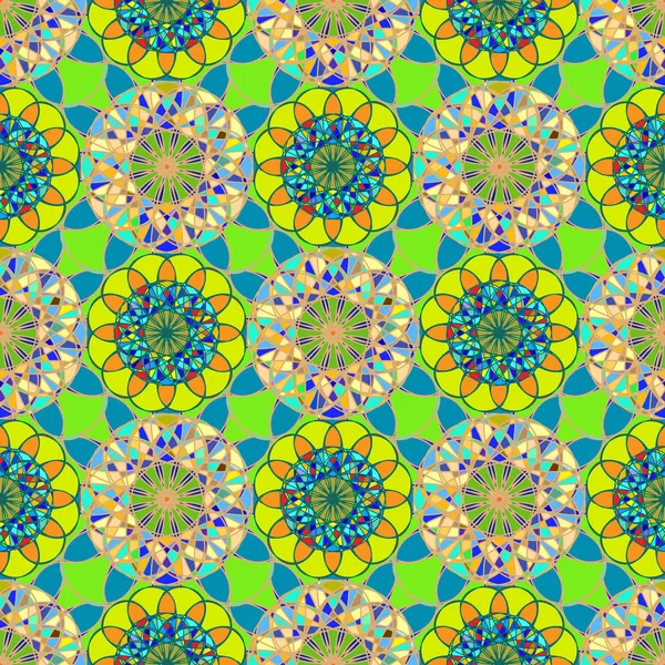 Kaleidoskop der Glasmalerei auf einem Hintergrund aus Blättern mit nahtlosem Muster — Stockvektor