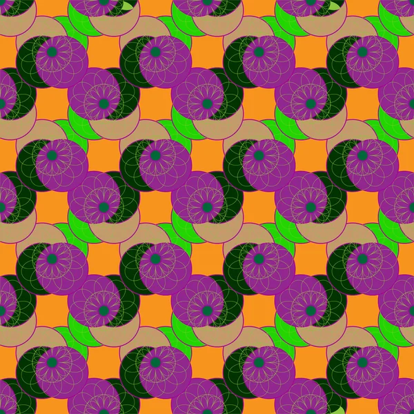 Geometrische naadloze patroon met fractal bloem in groene en violette kleuren op diep oranje achtergrond — Stockvector