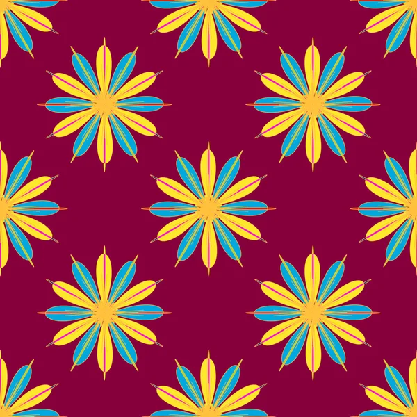 Patrón geométrico sin costura con flor fractal en colores amarillo y azul sobre fondo rojo — Vector de stock