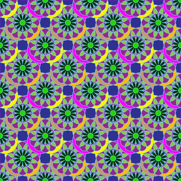 Padrão sem costura geométrica com flor fractal em cores laranja e violeta no fundo azul profundo — Vetor de Stock