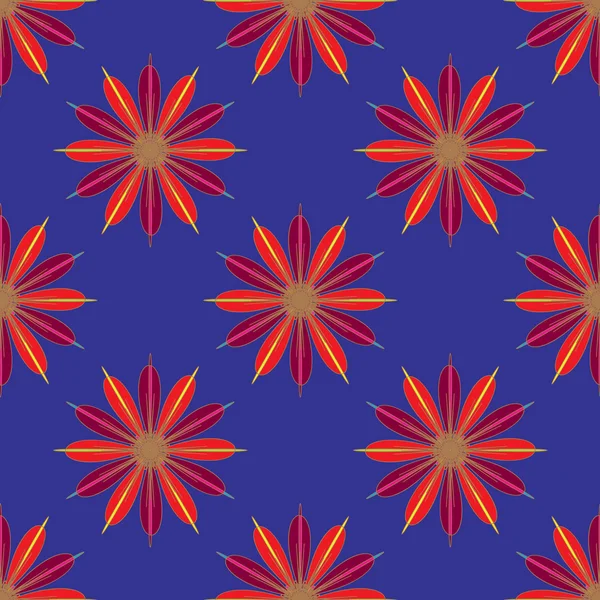 Modello geometrico senza cuciture con fiore frattale nei colori rosso e magenta su fondo blu scuro — Vettoriale Stock