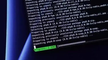 Beyaz metin, yeşil 'İşlem: 34%' çubuğu ile bir bilgisayar terminalini gösteren, veri işleme ve kodlama işlemlerinin iletildiği koyu ekran yakın plan