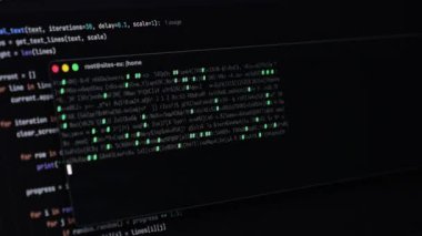 Dijital arayüzler ve çevrimiçi metin projeleri için uygun animasyon metin oluşturmak için programlama kavramlarını gösteren, bir uçbirim Python kodunun yakın görüntüsü