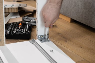 Beyaz mobilya montajı için metal bir desteğin vidasını sıkan elin yakın çekimi. Ahşap zemindeki bir alet çantası bu detaylı ev geliştirme projesini ön plana çıkarıyor