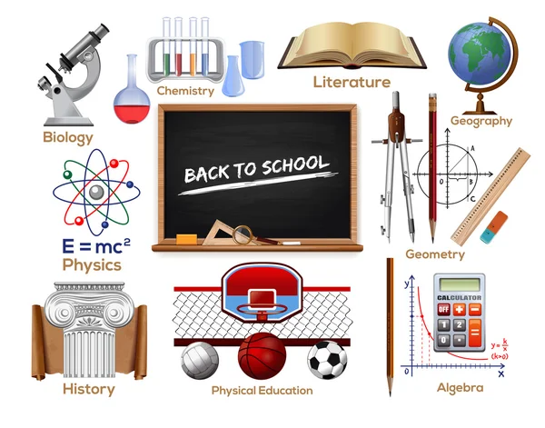 Schulsymbole gesetzt. Schulfächer — Stockvektor