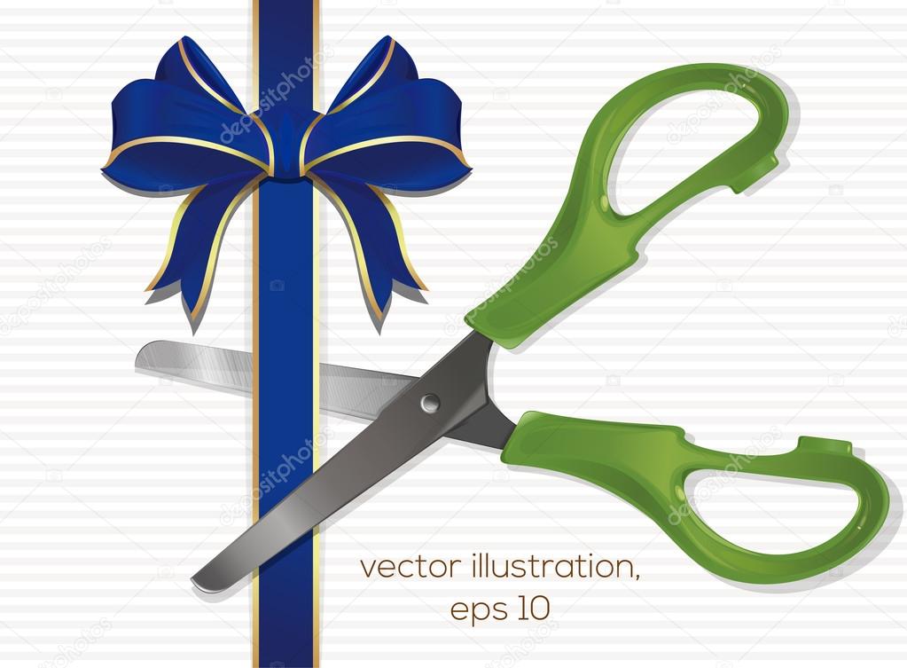 Green scissors cut the blue ribbon with a bow