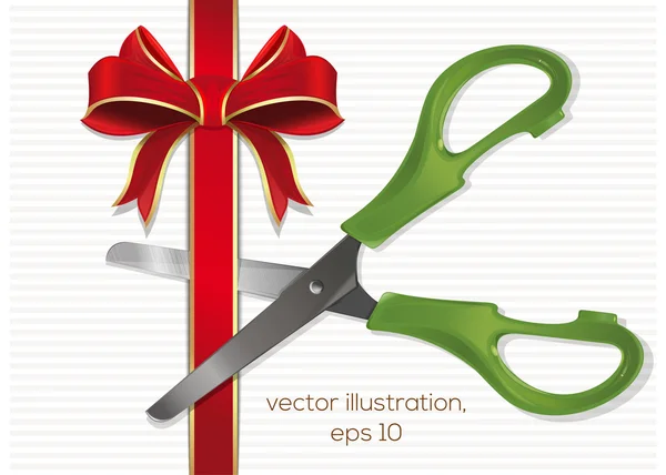 Scissors cut the red ribbon with a bow — Stock Vector