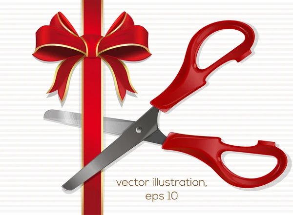 Ножницы с пластиковыми красными ручками перерезают красную ленту бантом. — стоковый вектор