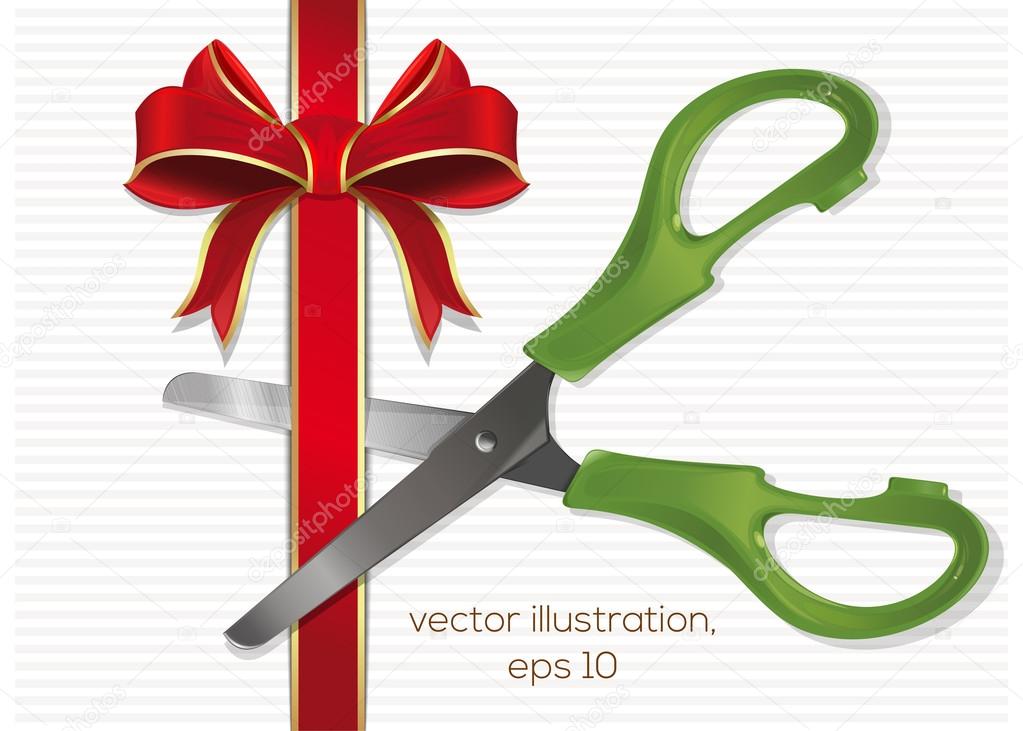 Scissors cut the red ribbon with a bow