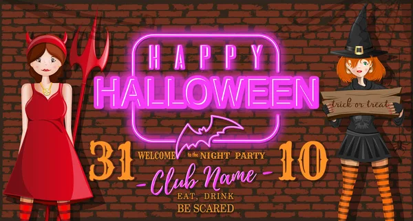 Night Club Halloween Party Einladungskarte Zwei Mädchen Halloween Kostümen Auf — Stockvektor