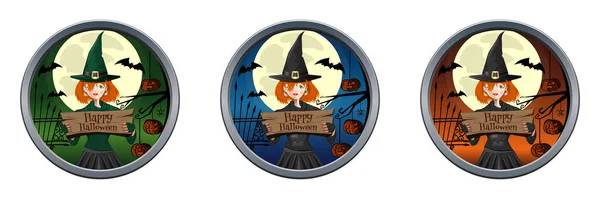 Okrągły Wielobarwny Baner Halloween Zestaw Baner Cute Girl Przebrany Czarownicę — Wektor stockowy