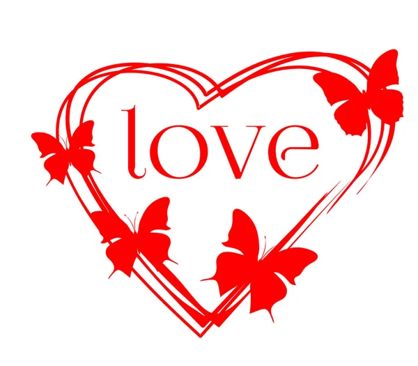 Червоне Серце Намальоване Гранжевому Стилі Метеликами Написом Любов Векторні Ілюстрації — стоковий вектор