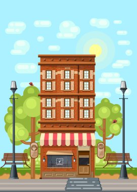 Zemin katında bir kafe olan eski tarz yüksek katlı bina. Şehir manzarası. Aydınlık bir yaz gününde bir sokak boyunca. Vektör illüstrasyonu