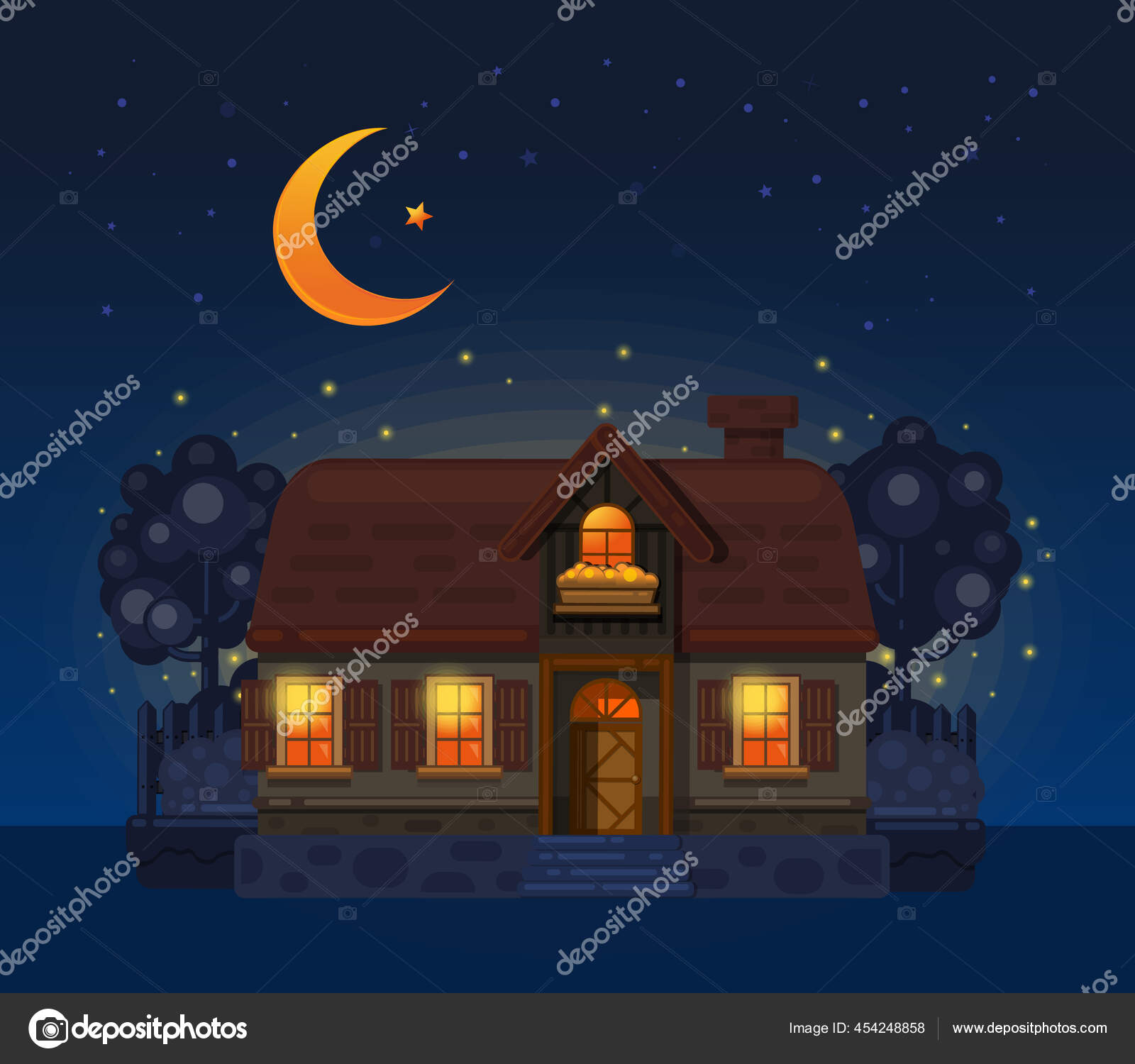 Rumah Desa Pada Malam Hari Rumah Desa Digambar Dengan Gaya Stok Vektor Kiberstalker 454248858