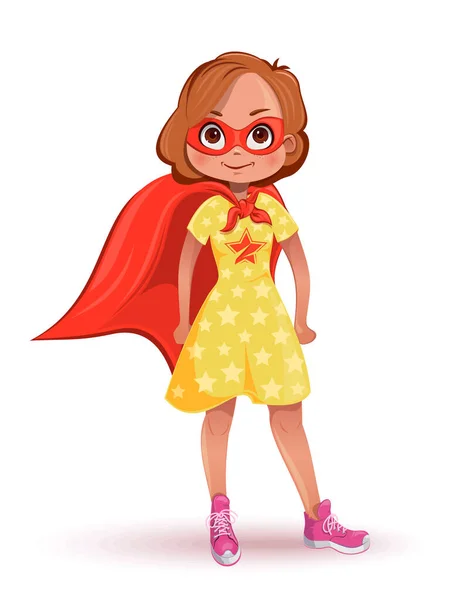 Holčička Kostýmu Superhrdiny Dívka Žlutých Šatech Hvězdami Červenou Maskou Červeným — Stockový vektor