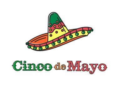 Cinco de Mayo logo tasarımı. Geleneksel Meksika sembollü Meksika bayramı şapkası. 5 Mayıs 'ta. Vektör illüstrasyonu