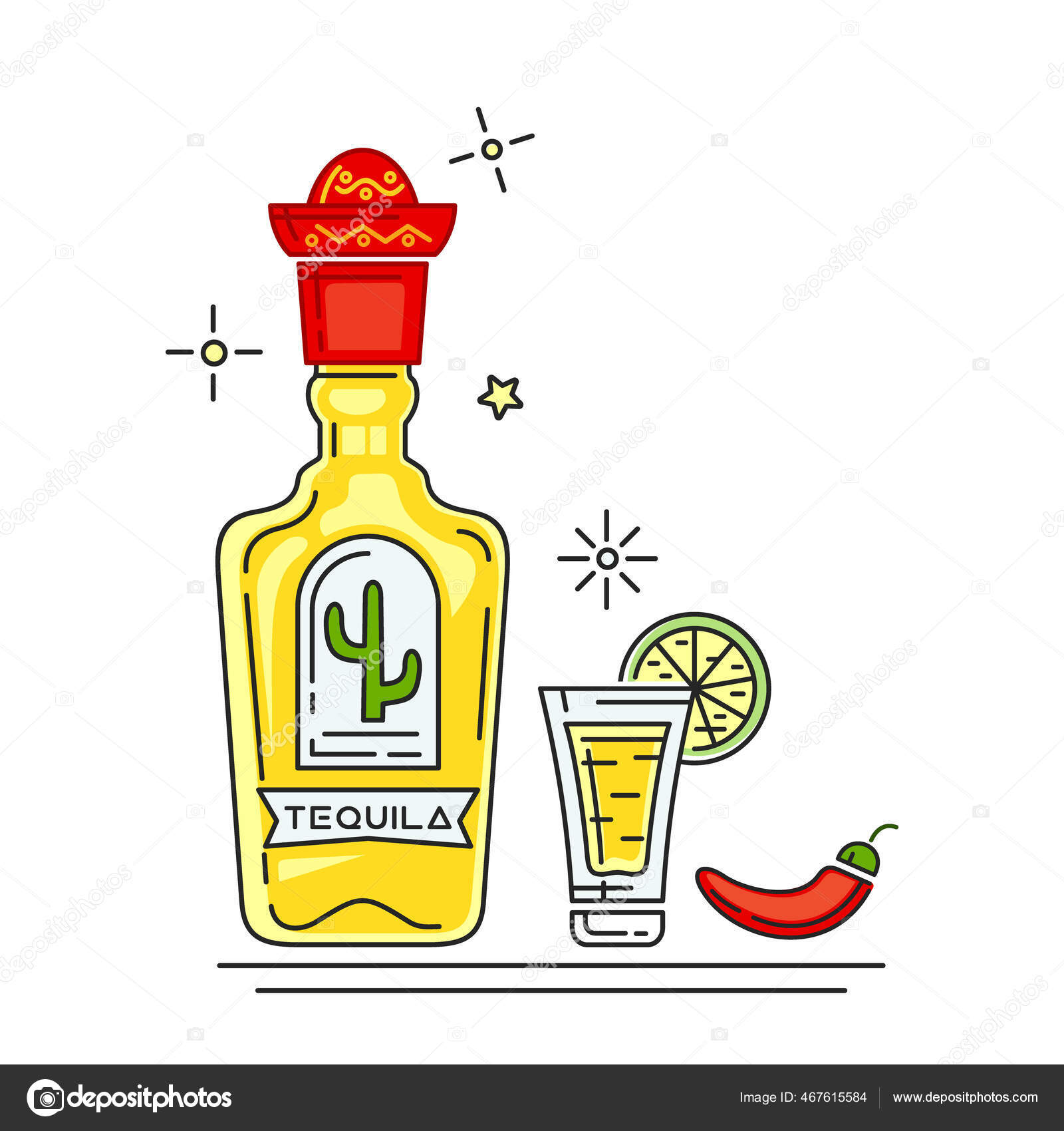 Tequila Bottle Mexican Sombrero Cap Glass Bottle Tequila Hot Peppers