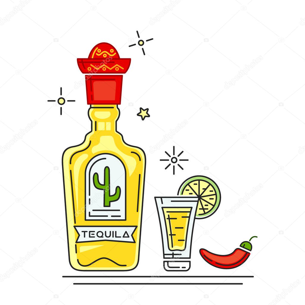Botella de tequila con gorra de sombrero mexicano. Vidrio y botella de