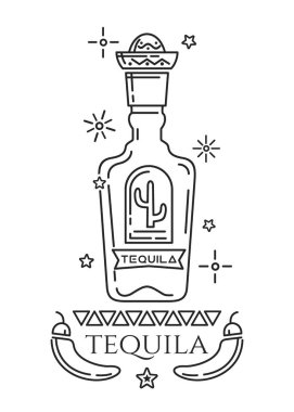 Tekila logo tasarımı. Siyah ve beyaz amblem stilize edilmiş bir tekila şişesini gösteriyor. Vektör illüstrasyonu