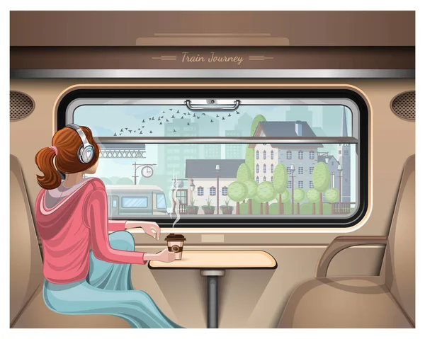 Une Fille Dans Casque Regarde Gare Devant Fenêtre Train Voyage — Image vectorielle