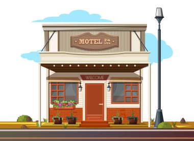 Yolun kenarındaki küçük, rahat bir motelde. Motel 24 açık. Vektör illüstrasyonu beyazda izole edildi