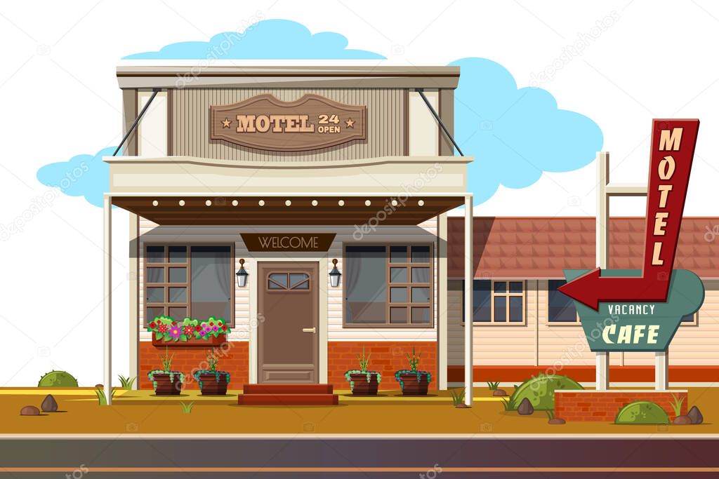 Cozy motel and roadside cafe. Motel 24 open, vacancy cafe. Vector illustration