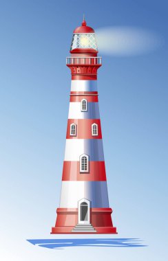 Mavi gökyüzüne karşı kırmızı ve beyaz seyir feneri. Kalıpları çizgili deniz feneri. Vektör illüstrasyonu