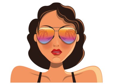 Güneş gözlüklü, denizi ve palmiyeleri yansıtan tatlı bir kız. Yaz tatili. Vektör illüstrasyonu