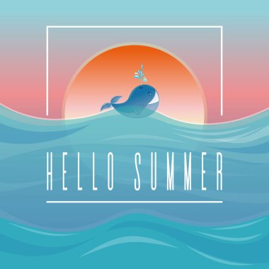 Merhaba yaz. Yaz tasarımı. Batan güneşe karşı dalgalar halinde balina. Vektör illüstrasyonu