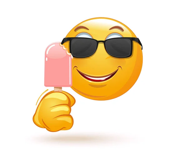 棒にアイスクリームを噛んだサングラスの絵文字 アイスクリームを食べる幸せな感情の顔 ベクターイラスト — ストックベクタ