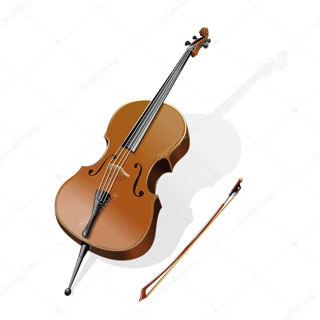 Classic stringed musical instrument - contrabass. Double bass and bow. Vector illustration
