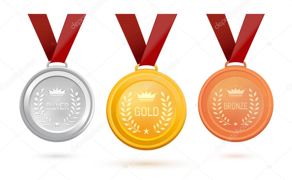 Three medals with inscriptions - gold, silver and bronze. Set of sports medals on a red ribbon. Award medals from different materials. Vector illustration