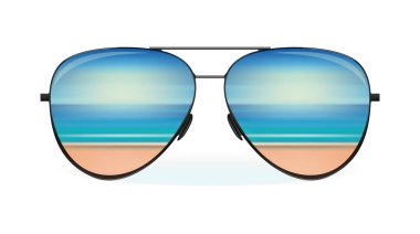 Sea and the beach are reflected in sunglasses. Summer design. Vector illustration isolated on white clipart