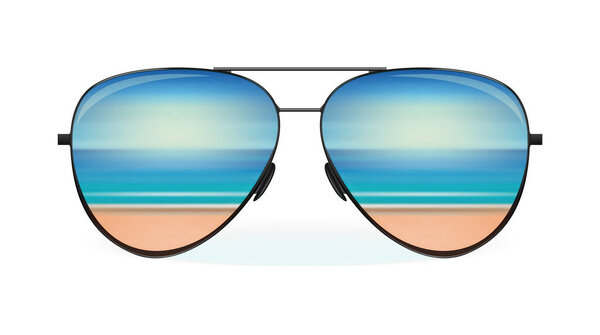Море и пляж отражаются в солнечных очках. Летний дизайн. Векторная иллюстрация изолирована на белом