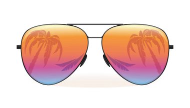 Deniz ve palmiye ağaçları güneş gözlüklerine yansıyor. Yaz tasarımı. Vektör illüstrasyonu beyaz arkaplanda izole edildi