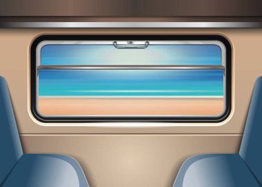 Tren penceresinin dışındaki deniz ve sahil. Vektör illüstrasyonu