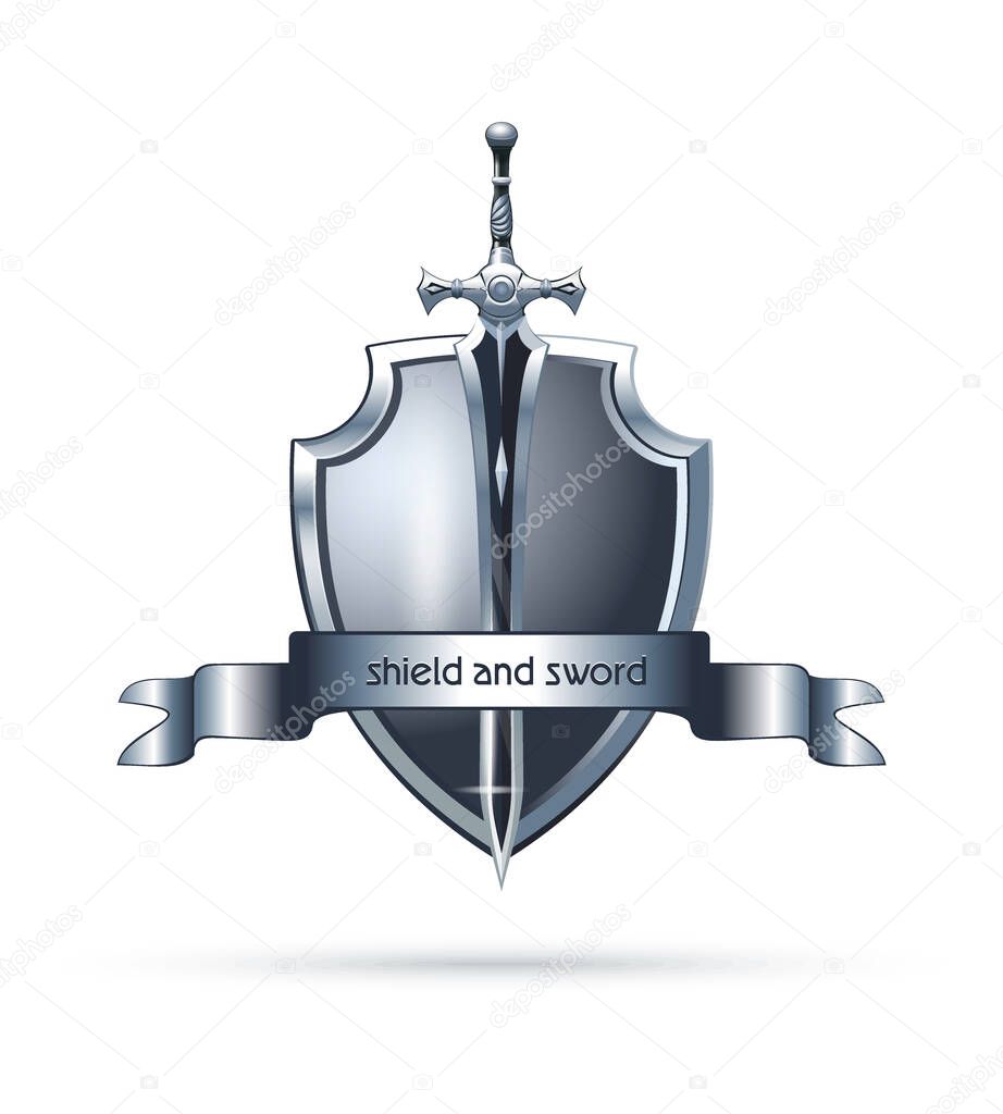 Shield and sword logo design. Large two-handed sword on the background of a metal shield. Vector illustration