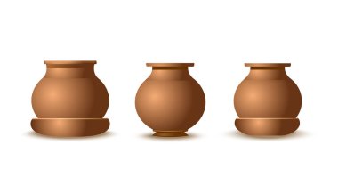 Gerçekçi çömlekler beyaz arka planda izole edilmiş. Çeşitli şekillerde toprak ya da bronz kaplar. Seramik saksılar. Vektör illüstrasyonu