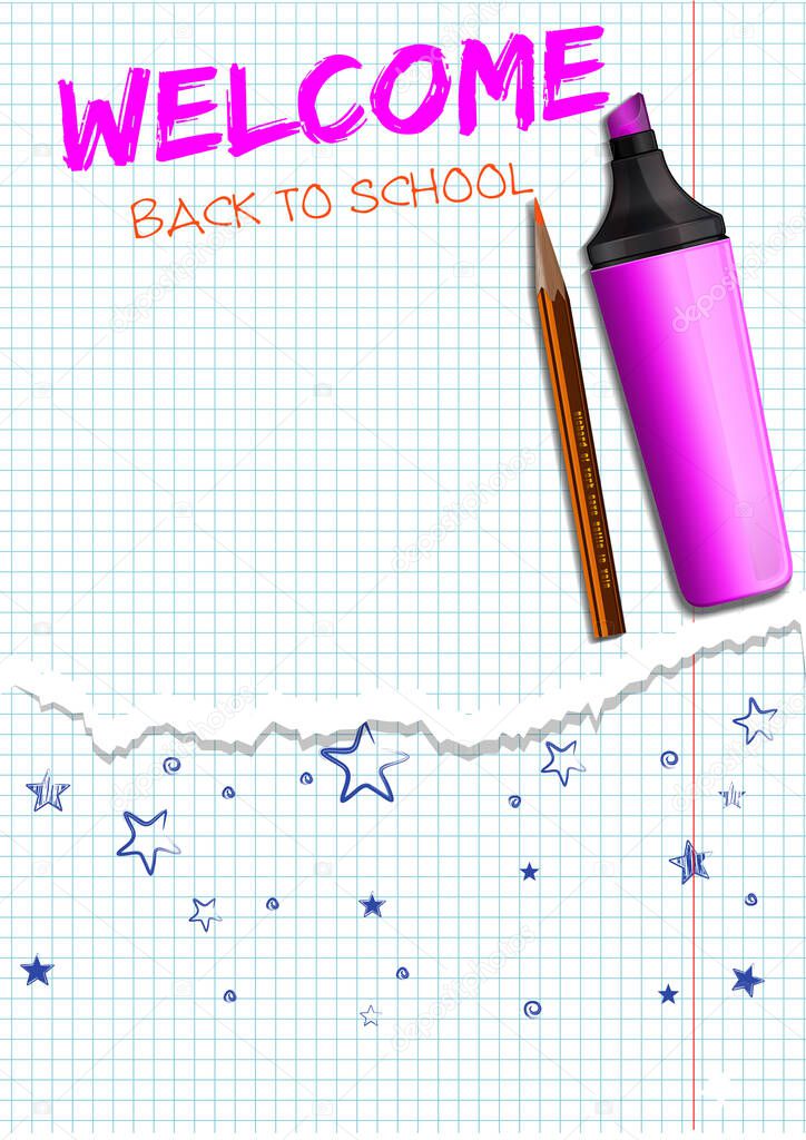 Inscription pink marker in a school notebook - Back to school. Back to school lettering. Marker and pencil on the white squared paper sheet. Realistic vector illustration