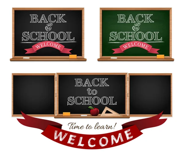 学校に戻る 知識の日のために設定された黒板 黒板にチョークで文字を描く学校へようこそ ベクターイラスト — ストックベクタ