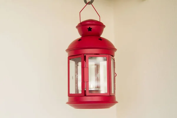 Decorative red metal lantern on light background — Stock Photo, Image