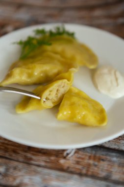 Tavşan etiyle hamur köftesi yiyen birinin parlak fotoğrafı. Çatalda et dolu ısırılmış ravioli. Kızartmalı ve yeşillikli bir tabak hafif hamur köftesinde. Ekşi krema ve çatalın yanında..