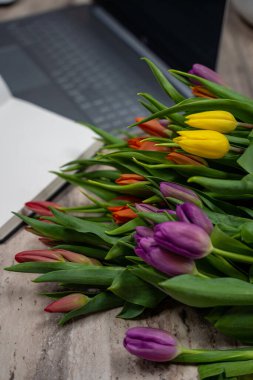 Masaüstünde bir dizüstü bilgisayar ve defterin yanında sarı, mor ve kırmızı laleler var. Bahar şenliği ve çalışma ortamı