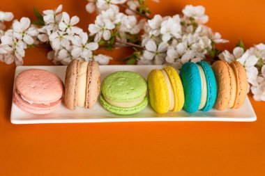 Birçok klasik badem kurabiyesi beyaz tabaklarda, turuncu arka planda doğal ışıkta.