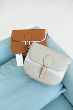 Sandalyede iki el çantası var. Süt ve bej kadın çantaları açık minimalizmde mavi sandalyede sergilenmektedir.